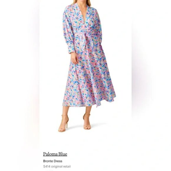 Paloma Blue Bronte Crepe de chine Tie Waist deep V Midi Dress Confetti print M - Picture 2 of 9